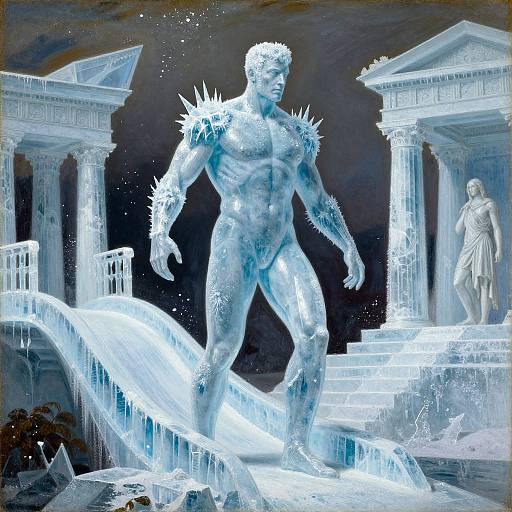Photorealistic digital artwork of a muscular, nude, blue-tinted, icy warrior with spiked shoulder armor, standing on glowing ice steps, fl