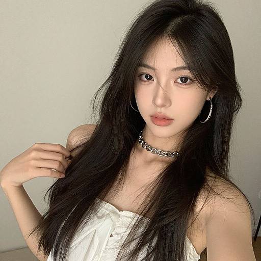 Photograph of an Asian woman with long black hair, wearing a white strapless top, silver choker, and hoop earrings, against a plain white