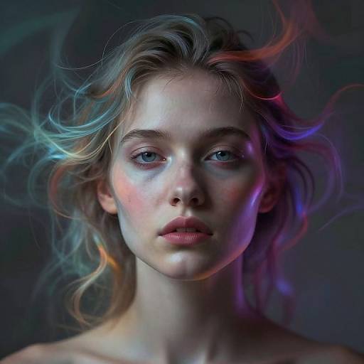 Digital portrait of a fair-skinned, blue-eyed woman with wavy, multi-colored hair, illuminated by vibrant purple, blue, and pink lights.