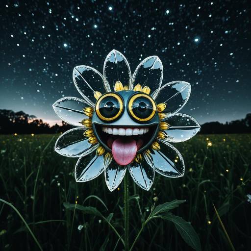 Surreal Crystal Flower with Comic Face at Night