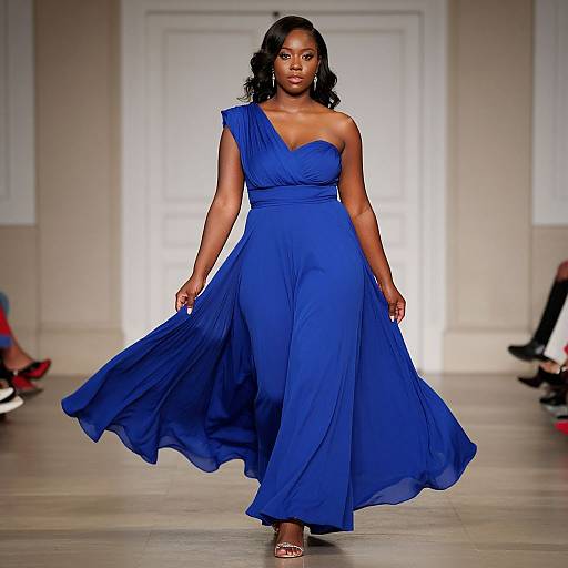 Photograph of a confident Black woman with wavy hair, wearing a flowing, one-shoulder, royal blue gown, walking down a bright runway