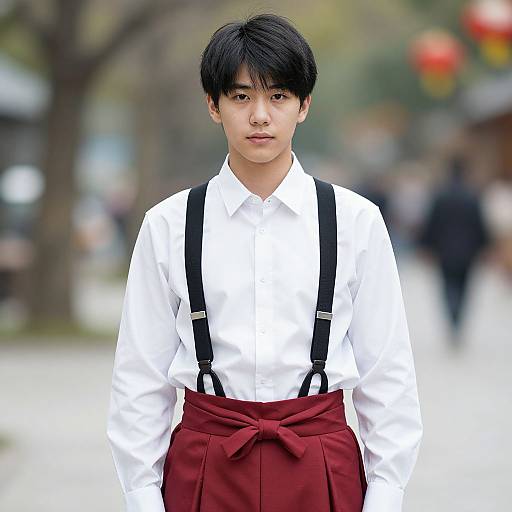 Photograph of an East Asian young man with black hair, wearing a white shirt, black suspenders, and red hakama, standing in a blurred