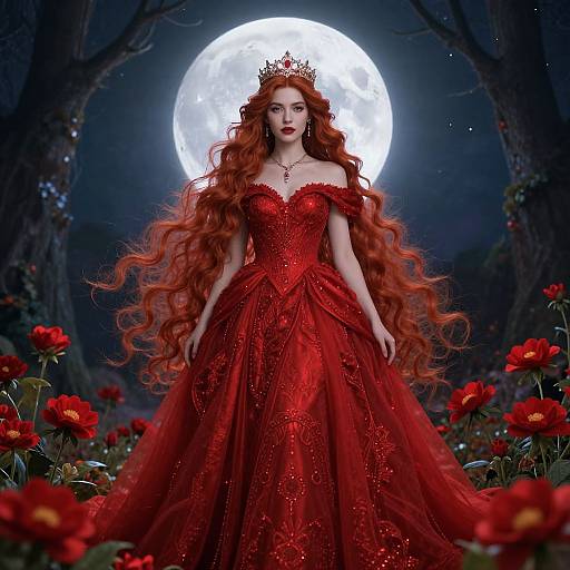 Digital artwork of a red-haired queen in an elaborate red gown with off-the-shoulder lace, crowned with gold, standing in a moonlit forest