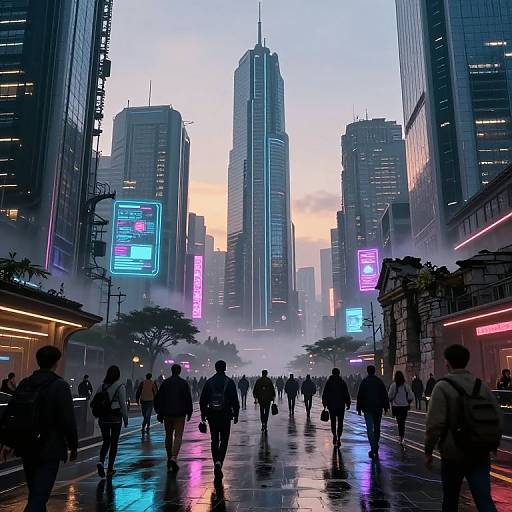 Neon-lit, rainy urban cityscape photograph at dusk, featuring silhouetted pedestrians walking through a misty, reflective street, surrounded by