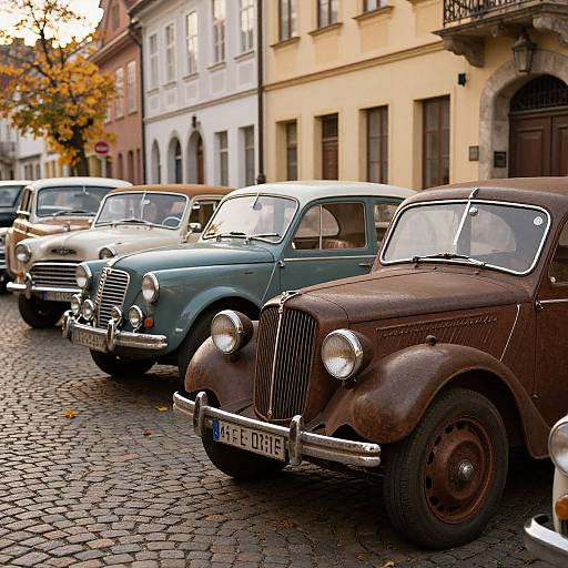 Photograph of a row of vintage cars, including a rusty brown and mint green classic, parked on a cobblestone street in front of historic European