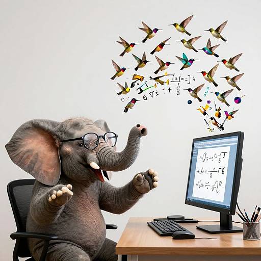 Elephant Professor with Hummingbird Equations