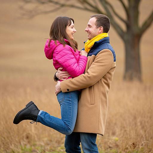 Photograph of smiling couple in autumn field; man in tan coat, yellow scarf, woman in pink jacket, blue jeans, black boots, holding each