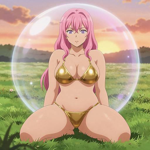 Digital anime-style drawing of a pink-haired woman with large breasts, wearing a shiny gold bikini, kneeling in a grassy field at sunset, with a