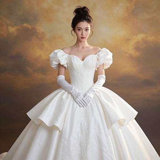 Photograph of an East Asian woman with dark hair in an updo, wearing a white, off-the-shoulder, puffed-sleeve