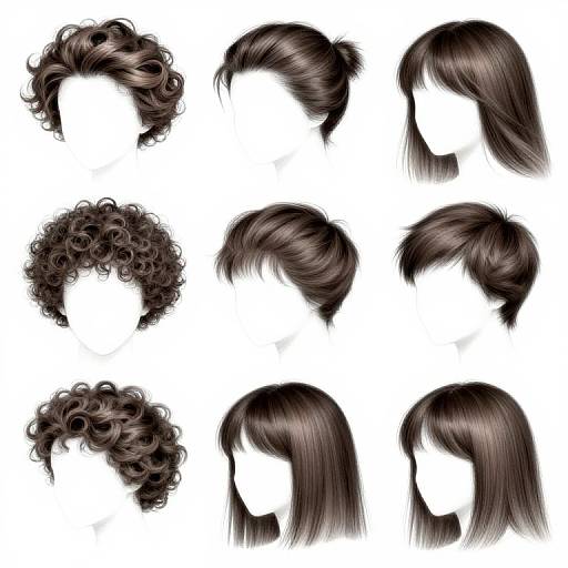 Digital illustration of nine black hair styles on white headless mannequin heads, showcasing various curly and straight hair textures and lengths.