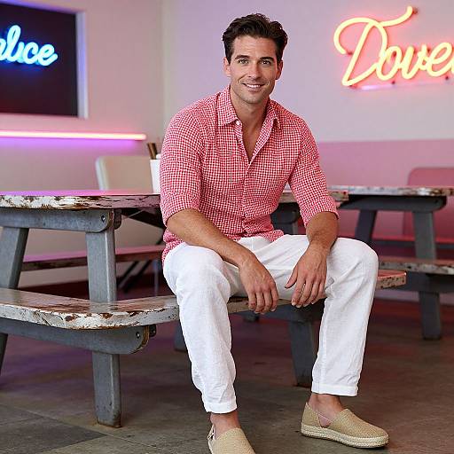 Photograph of a smiling man with dark hair, wearing a red checkered shirt, white pants, and beige slip-on shoes, sitting at a rustic