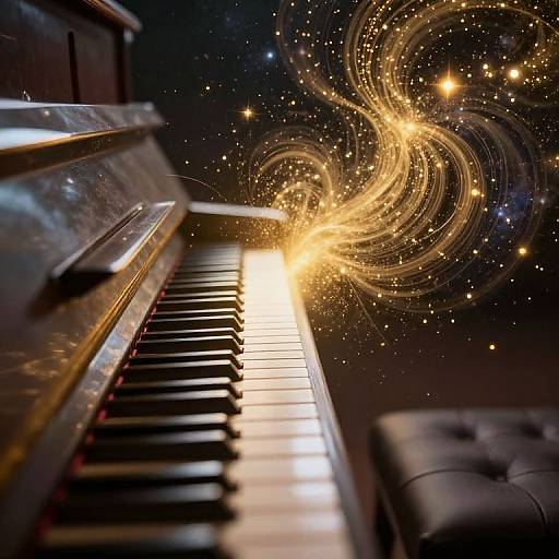 Photograph of a grand piano with glowing, swirling golden starburst patterns in the background, creating a magical, cosmic effect.