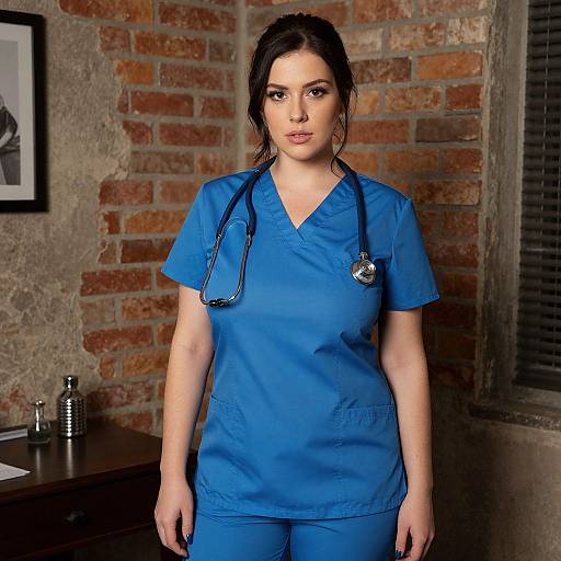 Photograph of a serious-looking, dark-haired woman in blue medical scrubs with a stethoscope around her neck, standing in a brick-walled