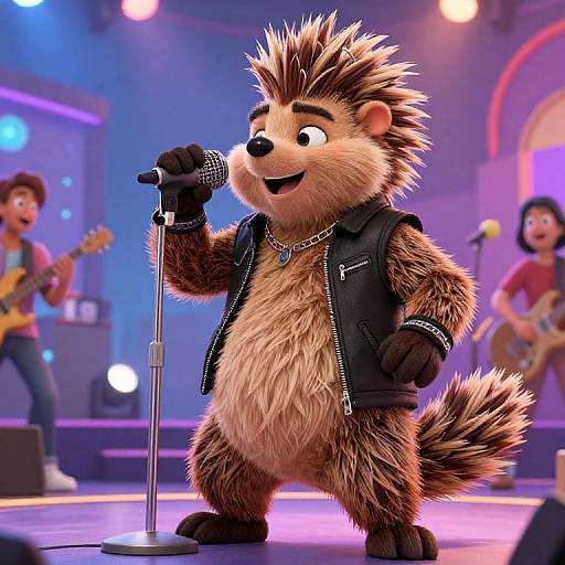 Anthropomorphic hedgehog in a black leather vest and gloves singing into a microphone on stage with two musicians in the background. CGI, vibrant colors,