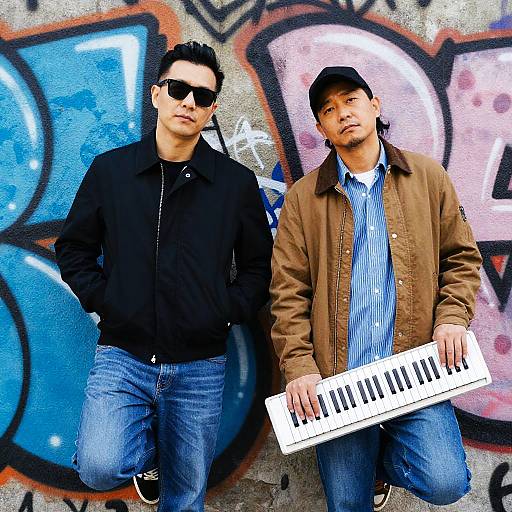 Photograph of two men wearing sunglasses, black and brown jackets, jeans, and baseball caps, standing against colorful graffiti, one holding a keyboard. Urban