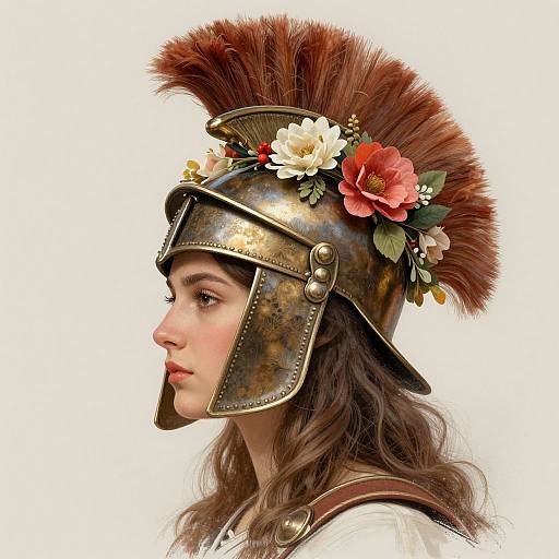 Digital illustration of a young woman in ancient Greek-style armor with a bronze helmet adorned with red and white flowers and a tall, brown feather plume,