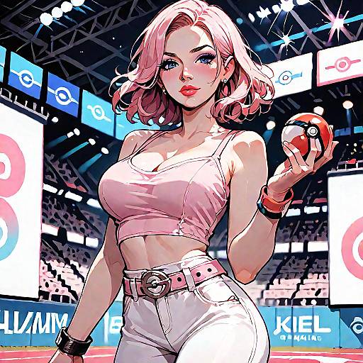 Anime Girl Holding Pokeball in Stadium