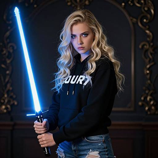 Young Woman with Glowing Blue Lightsaber