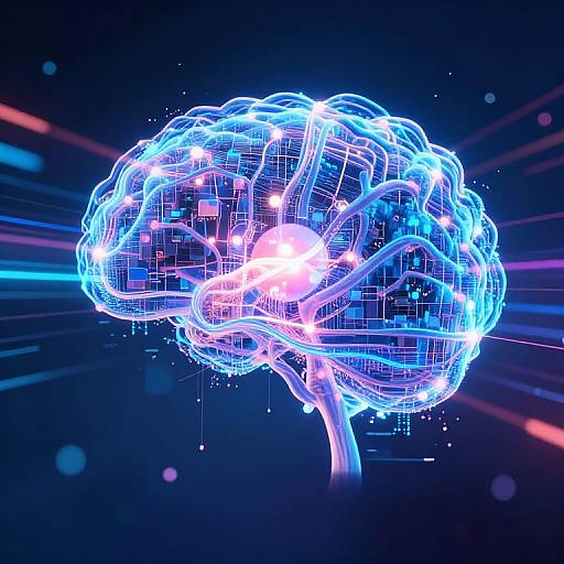 Digital CGI illustration of a glowing, blue and purple neural brain against a dark background, with neon lines and circuitry patterns.