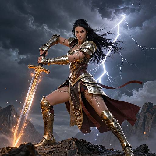 Digital art of a fierce, dark-haired warrior woman in gold armor, holding a glowing sword, standing on rocky terrain with lightning in the stormy sky