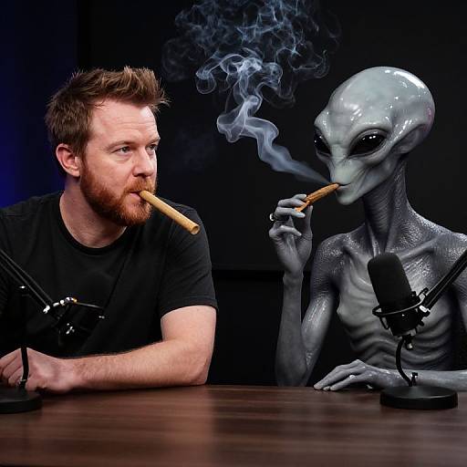Photograph of a bearded man in a black shirt and an alien with gray, scaly skin, both smoking cigars at a wooden table with micro