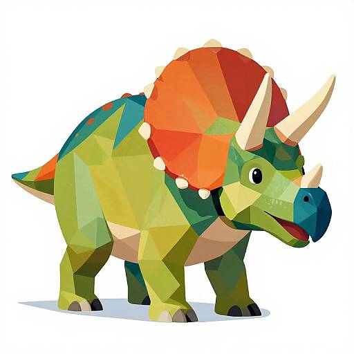 Polygonal-style digital illustration of a colorful, cartoon triceratops with green body, red-orange frill, and white horns, set against a