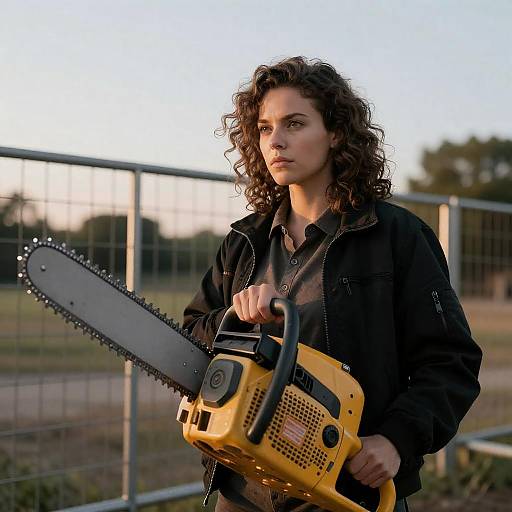 Woman Holding Yellow Chainsaw Outdoors