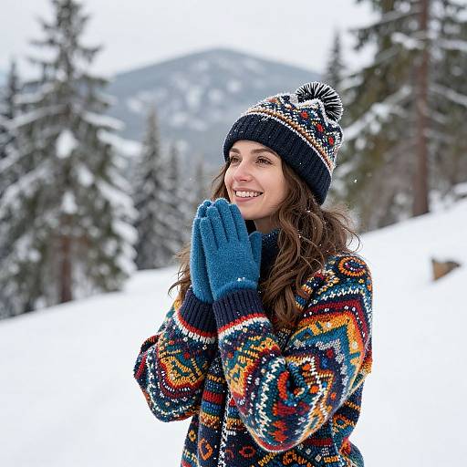 Photograph of a smiling woman with wavy brown hair, wearing a colorful patterned sweater, blue gloves, and a knit hat, standing in a