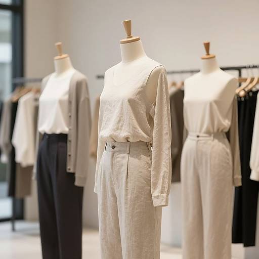 Photograph of three white mannequins in a brightly lit clothing store, displaying white long-sleeved tops with high-waisted pants.