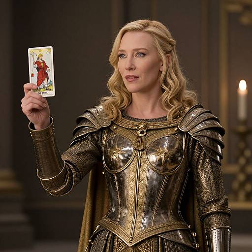 Blonde woman in shiny medieval armor holds a colorful card featuring a red-robed figure, candlelit room in background. Photographic image.