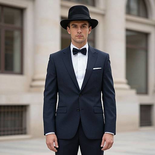 Photograph of a serious young man in a black suit, bow tie, and black hat standing in front of a blurred classical building.
