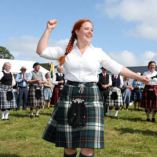 Photograph of a smiling red-haired woman in a white blouse and green plaid skirt, raising her fist, leading a group of people in traditional Scottish