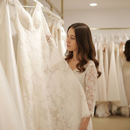 Photograph of a brunette woman with wavy hair, in a lace long-sleeve wedding dress, inspecting white lace gowns in a brightly