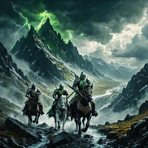 Epic Fantasy Knights Riding Through Stormy Mountain Pass