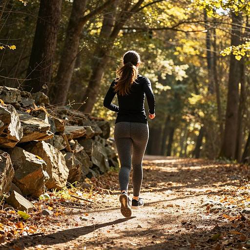 Woman Running on Sunlit Forest Path