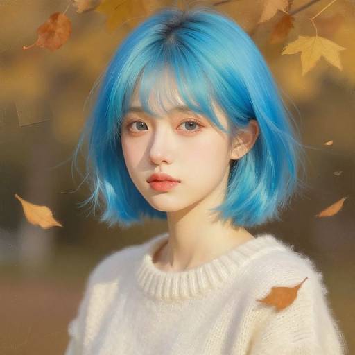 Photograph of a young woman with bright blue, shoulder-length hair, fair skin, and wearing a white sweater, surrounded by autumn leaves.