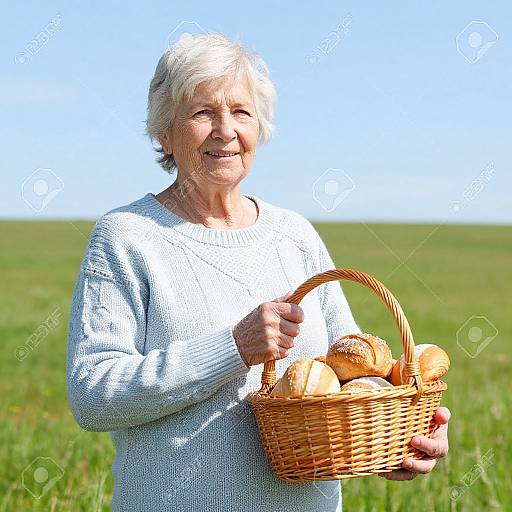 Photograph of an elderly woman with short white hair, wearing a white sweater, smiling while holding a wicker basket filled with bread in a sunny,