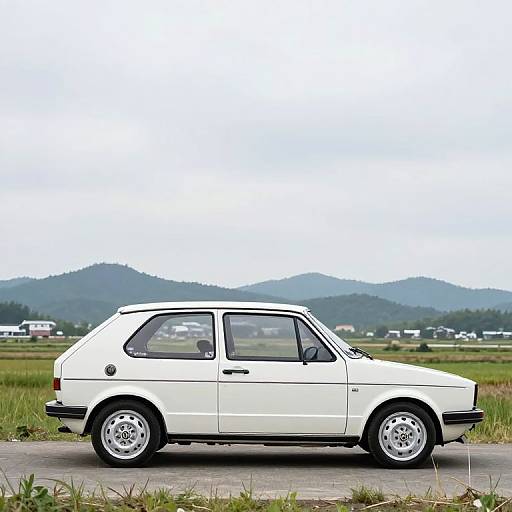 Photograph of a white, vintage hatchback car with silver wheels parked on a rural road, set against a backdrop of green fields and distant blue mountains