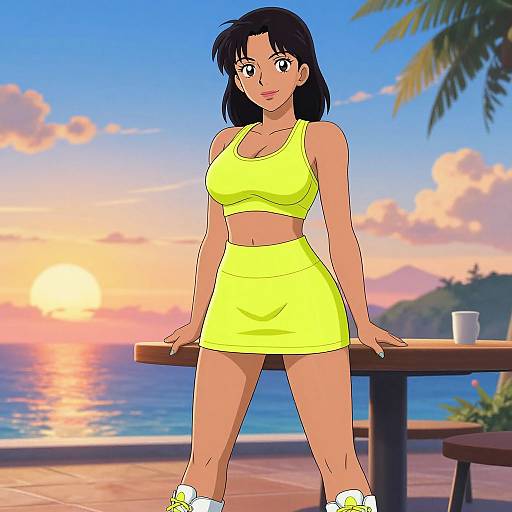 Digital anime-style drawing of a tan-skinned woman with black hair, wearing a yellow sports bra and skirt, standing at a beach table during sunset.