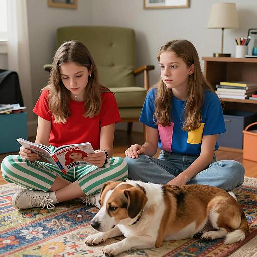 Teenage Girls with Dog on Rug Indoors