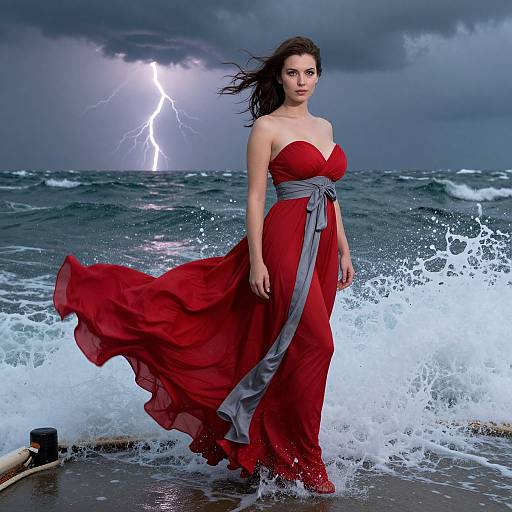 Photograph of a dark-haired woman in a flowing red dress with gray ribbon, standing in stormy ocean waves, lightning flashing in the stormy sky