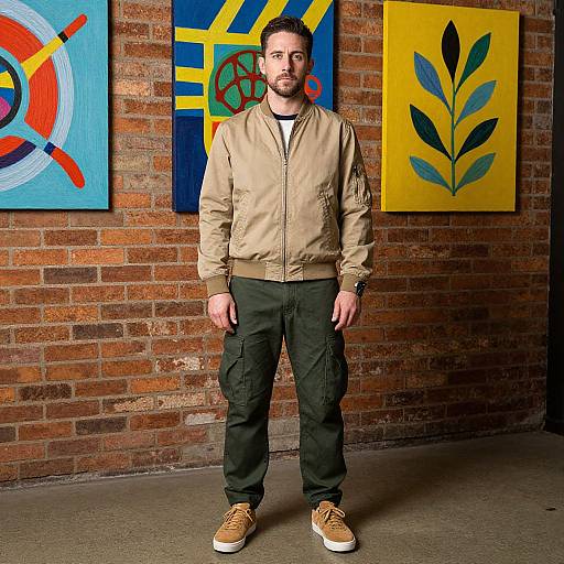 Photograph of a bearded man in a beige jacket, black pants, and tan sneakers standing in front of a brick wall with colorful abstract paintings.