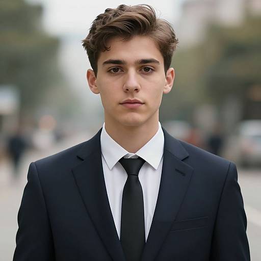 Photograph of a young, fair-skinned man with short brown hair, wearing a black suit, white shirt, and black tie, standing in a