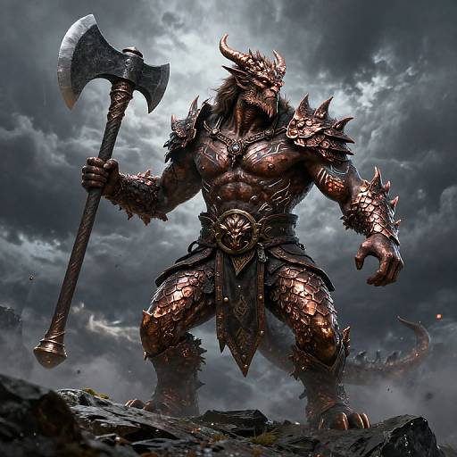 Digital art of a muscular, horned, demonic warrior in dark, spiked bronze armor wielding a massive axe, standing on rocky terrain under a stormy