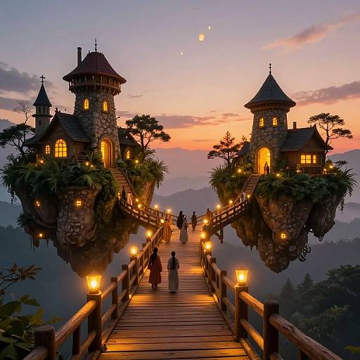 Photograph of enchanting, stone-towered, floating houses connected by a wooden bridge at sunset, with warm lanterns, silhouetted people