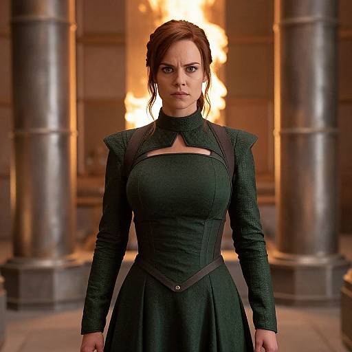 Photograph of a determined, dark-haired woman in a fitted, black, Victorian-style dress with high shoulders, standing in front of a blazing fire between