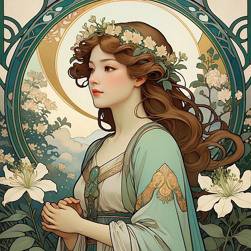 Art Nouveau Woman in Garden with Floral Halo