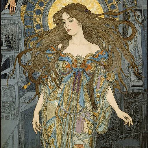 Art Nouveau-style digital illustration of a fair-skinned woman with long brown hair, wearing an ornate, flowing dress with blue, gold, and