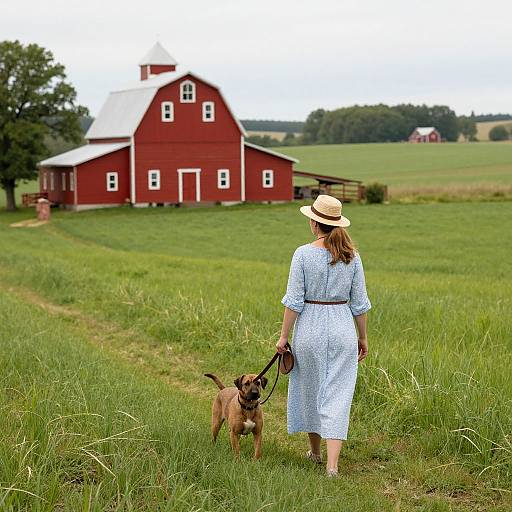 Photograph of a woman in a blue dress and straw hat, walking a brown dog toward a red barn in a green field.