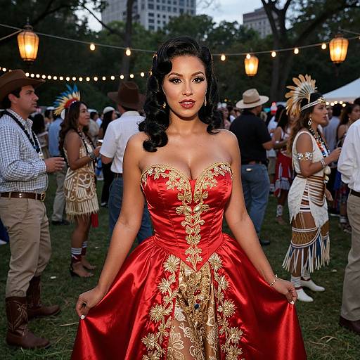 Photograph of a curvy Latina woman with dark hair, wearing a strapless red satin dress with gold embroidery, standing in a lively outdoor festival with